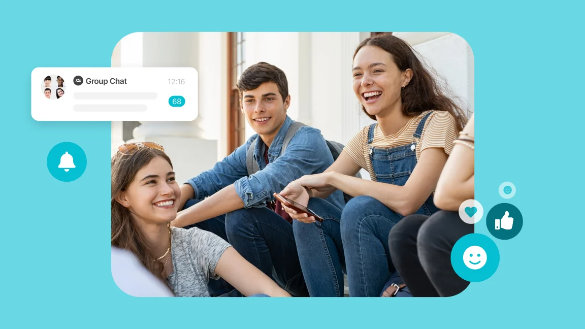 Woman looking at a phone showing a new post in the newsfeed